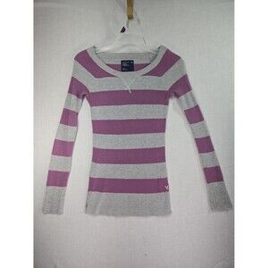 Y2K American Eagle Thermal Top Shirt Long Sleeve Purple Gray Striped Waffle Med